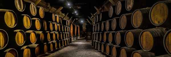 Aged French oak barrels resting in a dim cellar for the long maturation and refinement of Carlo Sani premium wines, balance development