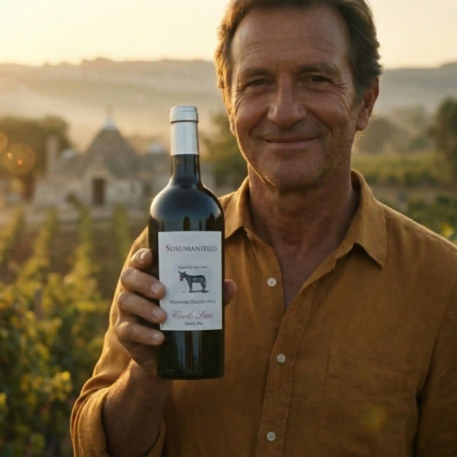 A passionate winemaker in the Apulian countryside holding a bottle of Carlo Sani Susumaniello, representing generations of family dedication to premium red wine